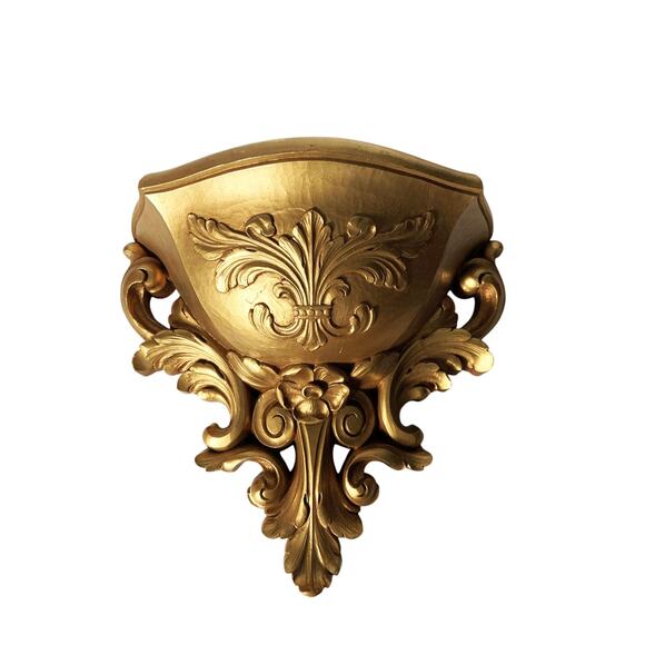 Vintage 70s Homco Gold Floral Wall Pocket Hollywood Regency Style - Picture 3 of 8